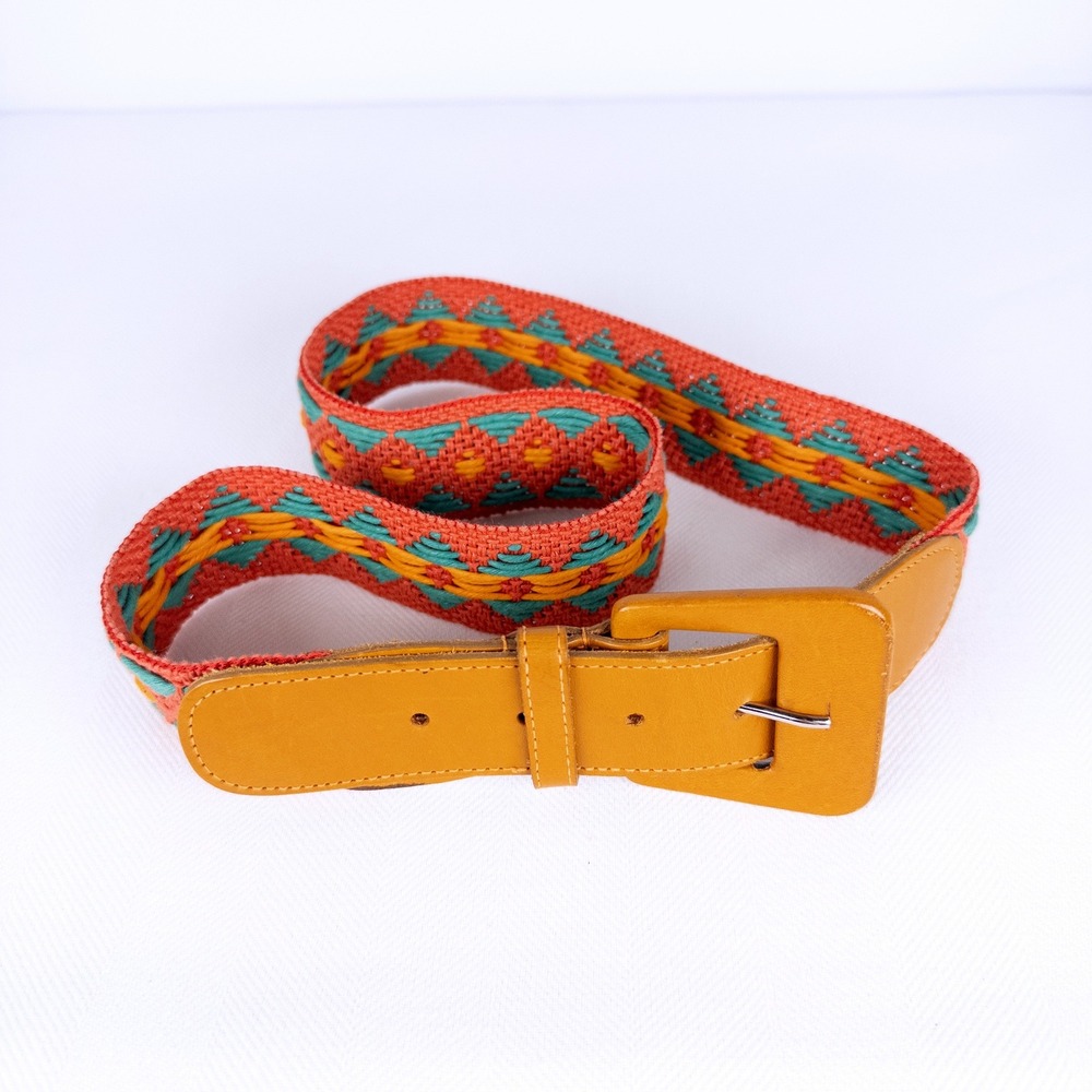 Boho Vintage Coral Turquoise Woven Textile Belt Leather Buckle Geometric 70s